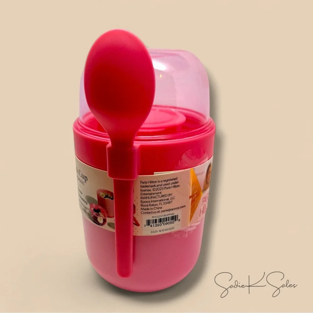 Paris Hilton Pink‎ Bow Snack Cup with Spoon – 3 Compartments, On-the-Go Lunch